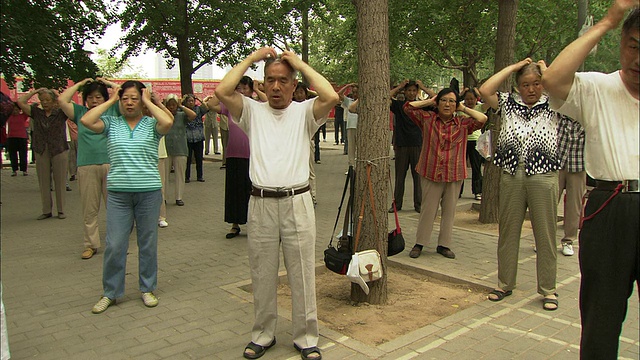 中国北京，玉渊潭公园，一群人在搓揉脸视频素材