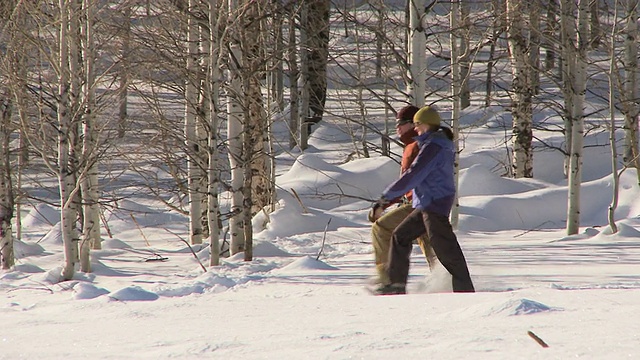 一对穿着雪鞋在雪地里行走的夫妇/凯彻姆，美国爱达荷州视频素材