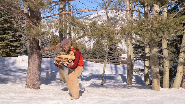 一名男子扛着砍好的木头穿过雪地/凯彻姆，美国爱达荷州视频素材