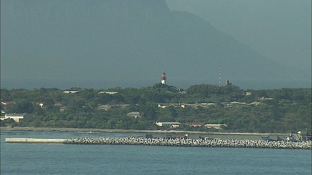 南非西开普省罗本岛海岸线和远处的灯塔视频素材