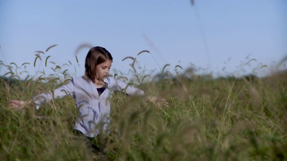 SLO MO MS Girl(10-11)走过田野，触摸高草/汉普顿，新泽西州，美国视频素材