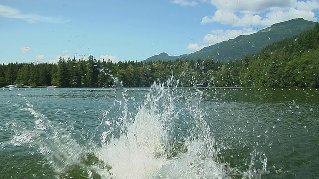 WS SLO MO Boy(8-9)跳进爱丽丝湖，森林背景/ Squamish，不列颠哥伦比亚省，加拿大视频素材