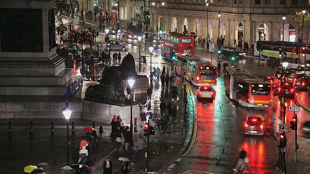 英国伦敦，雨夜，埃德温·兰瑟尔的狮子守卫着纳尔逊圆柱和特拉法加广场上的交通视频素材