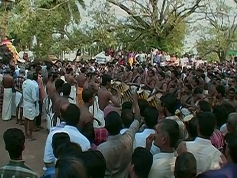 在印度喀拉拉邦的Thrissur Pooram大象节上，一排男人在大象头上撑着阳伞，人群中观看人们打鼓视频下载