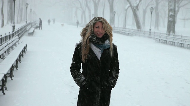 MS肖像年轻女子在公园在暴风雪/纽约市，纽约，美国视频素材