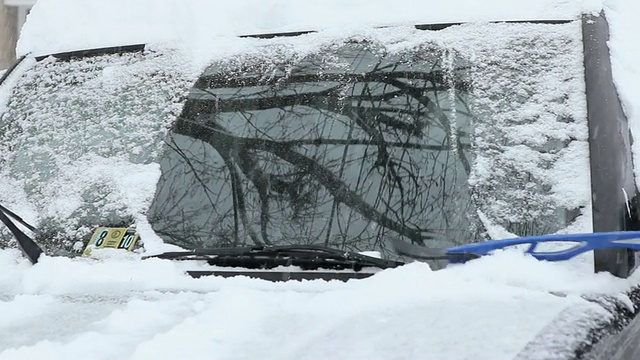 美国弗吉尼亚州里士满，年轻人清理车上积雪的铜潘手视频素材