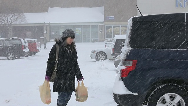 美国弗吉尼亚州里士满，一名年轻女子在暴风雪中把食品杂货搬到车上视频素材