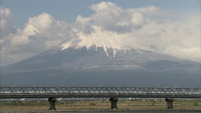 白雪覆盖的富士山，前景是新干线子弹头列车/山梨县，日本视频素材