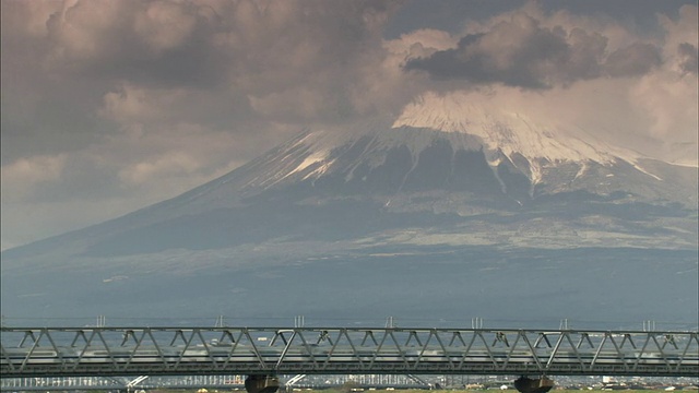 白雪覆盖的富士山，前景是新干线子弹头列车/山梨县，日本视频素材