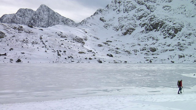 登山者走在冰冻的山湖，背景是白雪覆盖的山/ Llanberis，斯诺登尼亚，英国视频素材