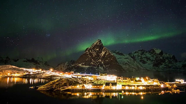 在冬季的夜晚，在斯堪的纳维亚半岛上的山脉上空延时平移北极光视频素材