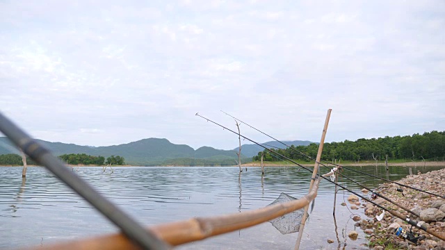 宁静的湖边的钓竿视频素材