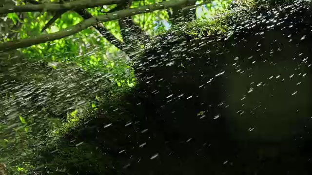 慢镜头，瀑布在山上高速卷。特写的春天的水滴下落和溅在绿色的苔藓视频素材