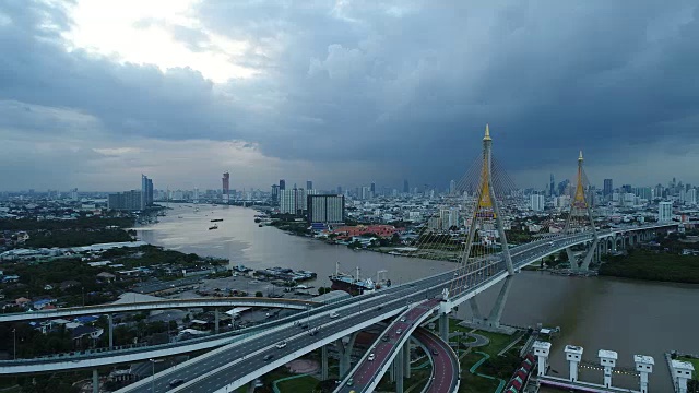 普密蓬桥和河鸟瞰风景在泰国曼谷视频下载