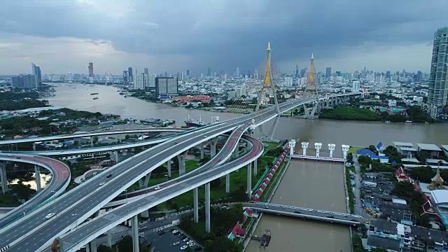 普密蓬桥和河鸟瞰风景在泰国曼谷视频素材