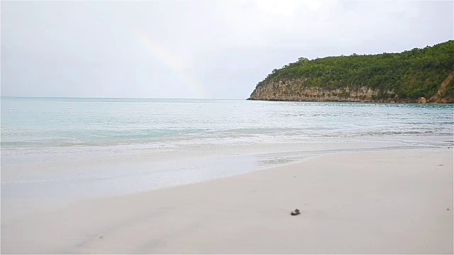 田园般的热带海滩，白色的沙滩，蓝绿色的海水和加勒比岛上的蓝天视频素材