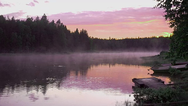 荒野河在斯堪的那维亚与雾夜景视频素材