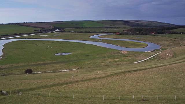 英国，Cuckmere Haven附近，羊在田野上吃草视频素材