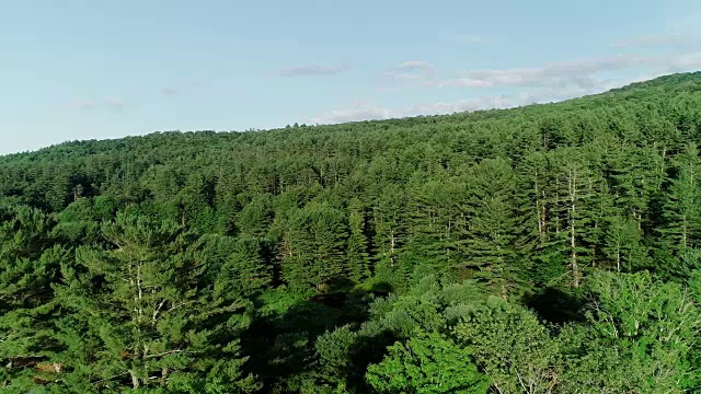 空中高角度观看卡茨基尔山河流日落夏季视频素材