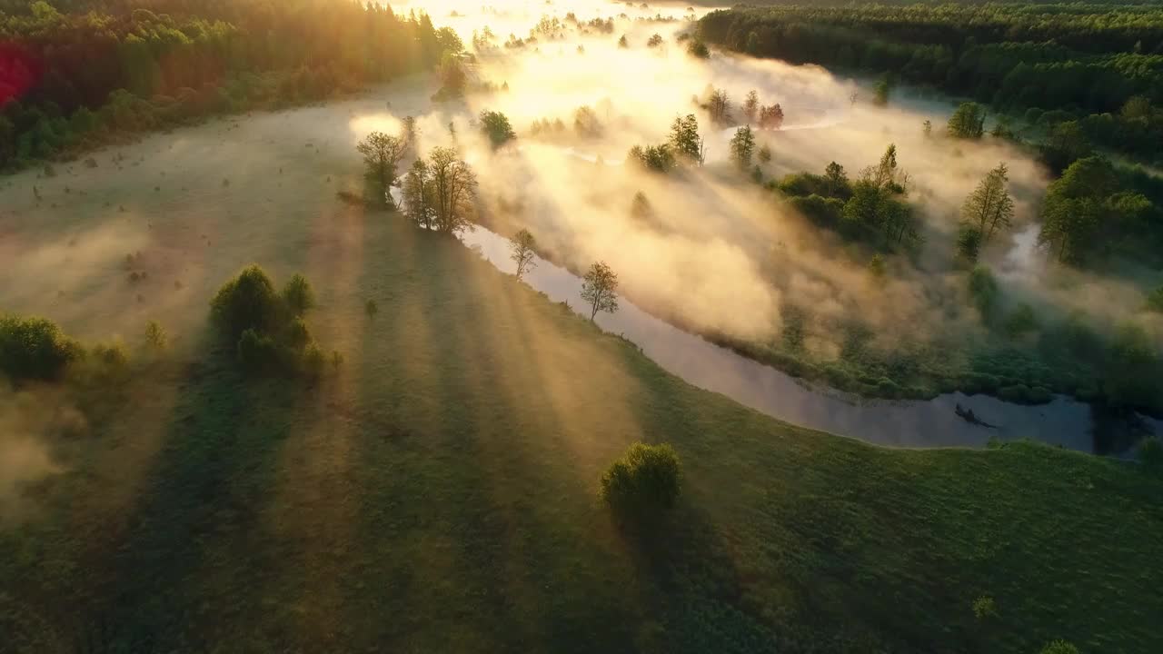 秋天的风景。秋季自然鸟瞰图。雾霭笼罩着河川。在阳光谷上空飞行。视频下载