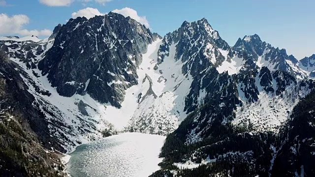 鸟瞰图环绕雪湖的落基山脉视频素材