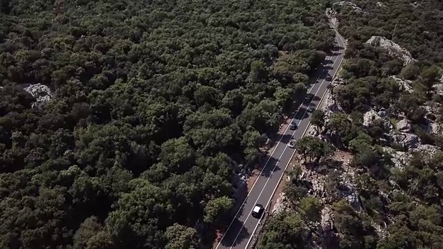 汽车在有岩石的道路上行驶，森林视频素材