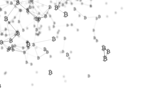 黑色比特币图标连接的线和点美丽的3d动画全球数字网络增长与比特币飞行。商业概念多边形丛连接分形移动，视频素材