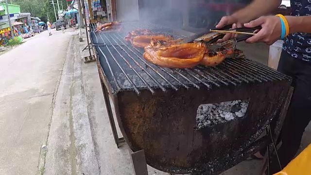 烧烤烤架上的有机鸡肉视频素材