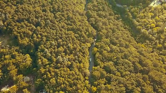 无人驾驶飞机从头顶飞过夏季森林公路，汽车经过视频素材