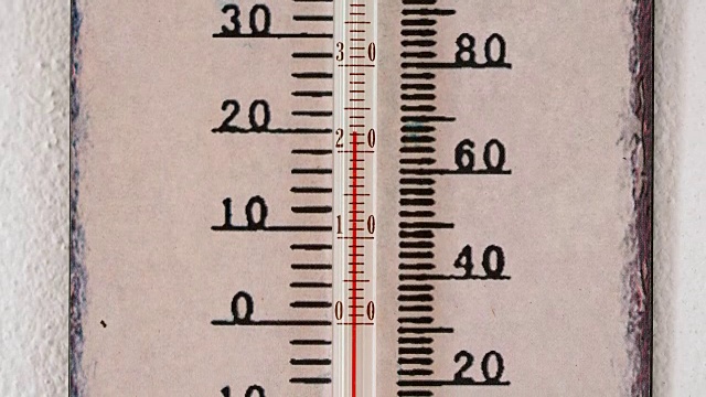 温度计上的刻度。墙上有摄氏和华氏温标的温度计。夏日温度计显示温度为摄氏22度。视频素材