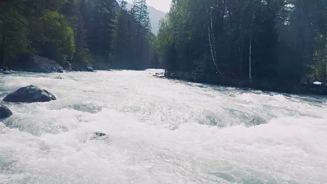 低空鸟瞰图水面上舒缓的水和鸟的声音与浮动空中爬到100英尺以上的河。视频素材