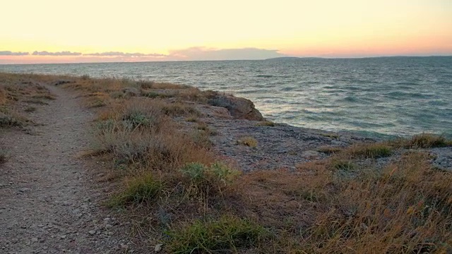 美丽的海景与天空，海岸和干燥的草在平静的天气上方观看视频素材