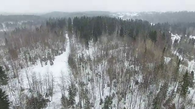 在多云的天气和降雪的冬季森林景观上空飞行。视频素材