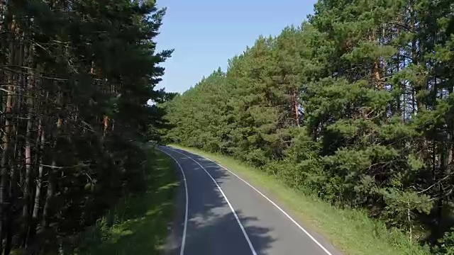 鸟瞰图的道路通过一个绿色茂密的森林视频素材