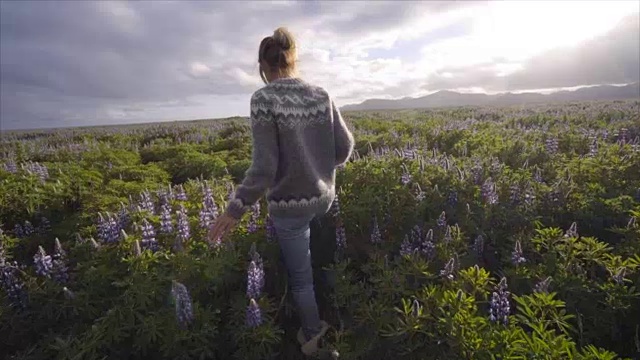 慢动作视频，快乐的女人走在花的田野在日落享受自由的自然旅行无忧无虑的生活在最充分的慢动作视频视频素材