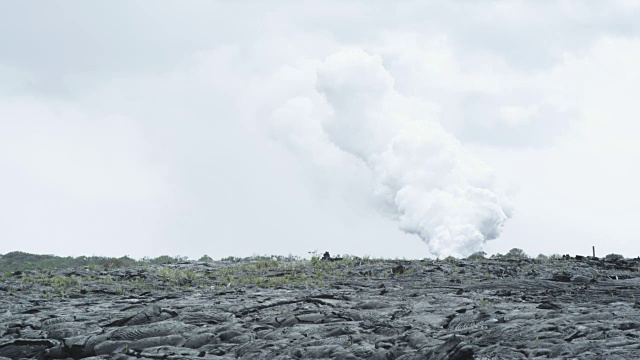 蒸汽滚滚出火山，褶皱硬化熔岩的前景，基拉韦厄，夏威夷，2009年2月视频素材