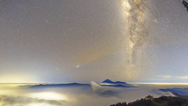 布罗莫山雾蒙蒙的夜晚银河延时视频剪辑，印度尼西亚视频下载