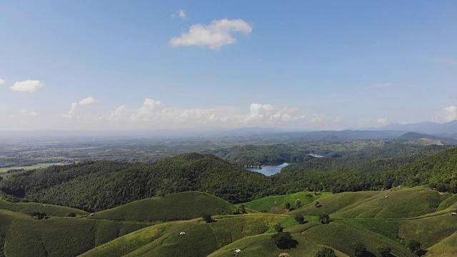 乡村景观，田野里的玉米准备收获的背景山，俯视图从无人机的空中视频。视频素材