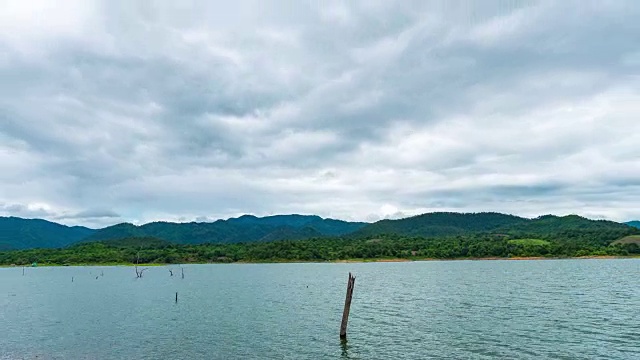 宁静的湖与阴云和暴风雨云移动在天空，时间流逝视频视频素材