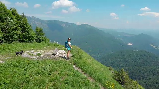 AERIAL:快乐的年轻女子从山顶俯瞰壮观的山谷。视频素材