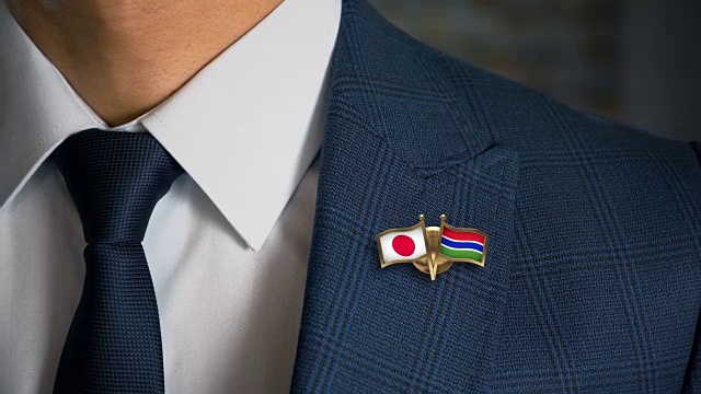 商人走向相机与朋友国家的国旗别号日本-冈比亚视频素材