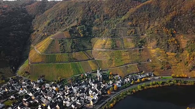 飞越秋天的布里姆葡萄园和德国摩泽尔河视频素材