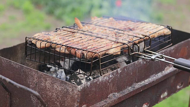 花园烤架上的烤猪肉，春天，特写。视频素材