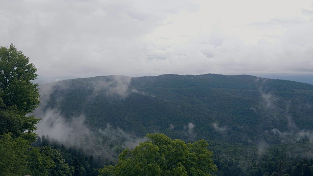 绿色的山景和雾蒙蒙的天空。山中多云视频素材