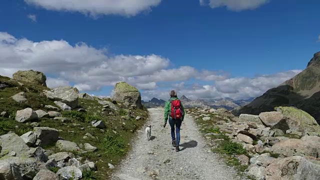 在瑞士恩加丁徒步旅行的女人和狗视频素材