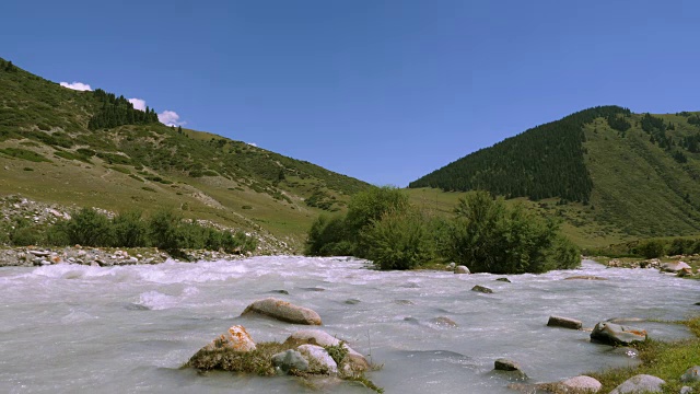 山间河流在背景高地和绿色田野的山谷中流动视频素材