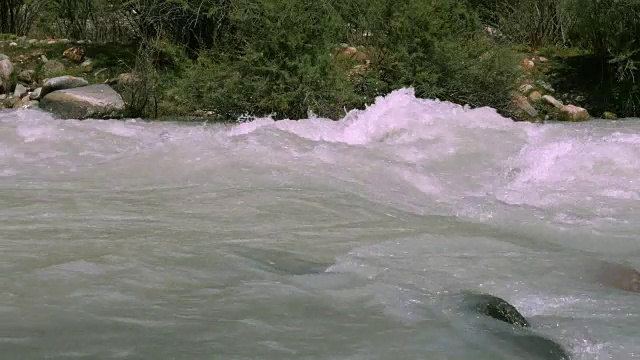 汹涌的河水在山野中流淌着沸腾的流水。山的河视频素材