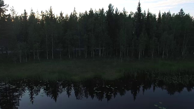 空中淘洗松林中的湖泊。瑞典北部美丽的风景视频素材