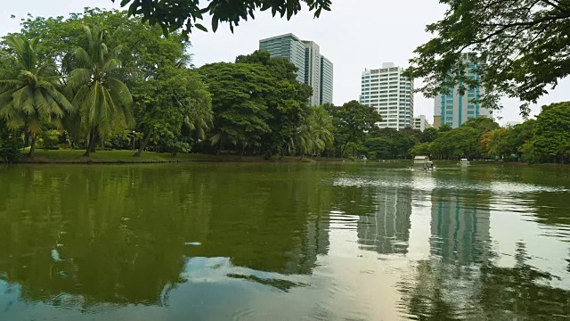 城市景观。商业区的高层建筑耸立在一个有湖的公园后面。城市的风格视频素材