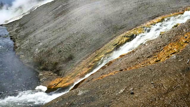 热水进入黄石公园的火洞河的特写视频素材